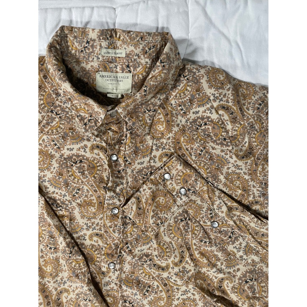 American Eagle Mens XXL Paisley Corduroy Western Pearl Snap Shirt Vintage Slim